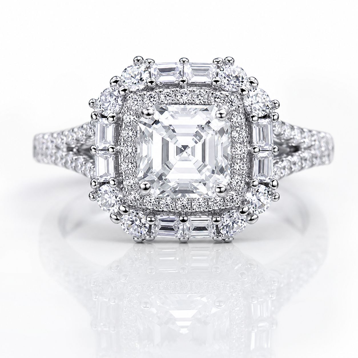 Asscher Halo Moissanite Engagement Ring