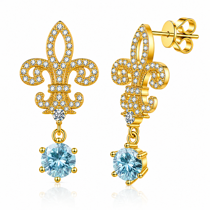 Fleur de Lis Moissanite Drop Earrings – 2.0ct Round Brilliant Dangle Earrings