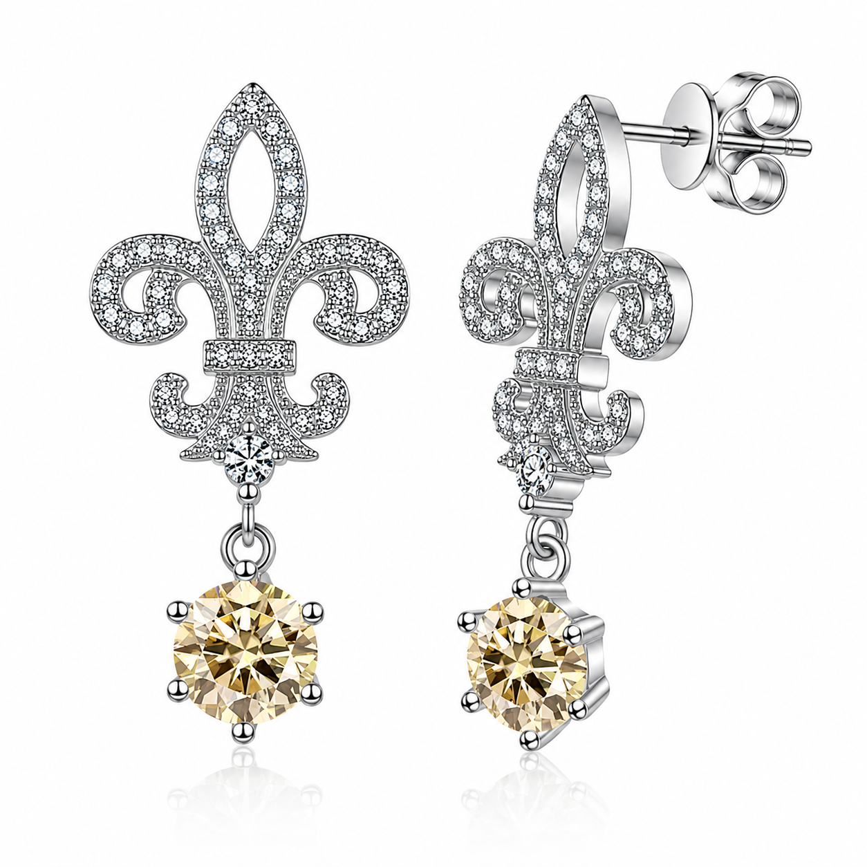 Fleur de Lis Moissanite Drop Earrings – 2.0ct Round Brilliant Dangle Earrings
