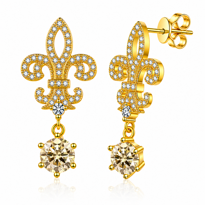 Fleur de Lis Moissanite Drop Earrings – 2.0ct Round Brilliant Dangle Earrings