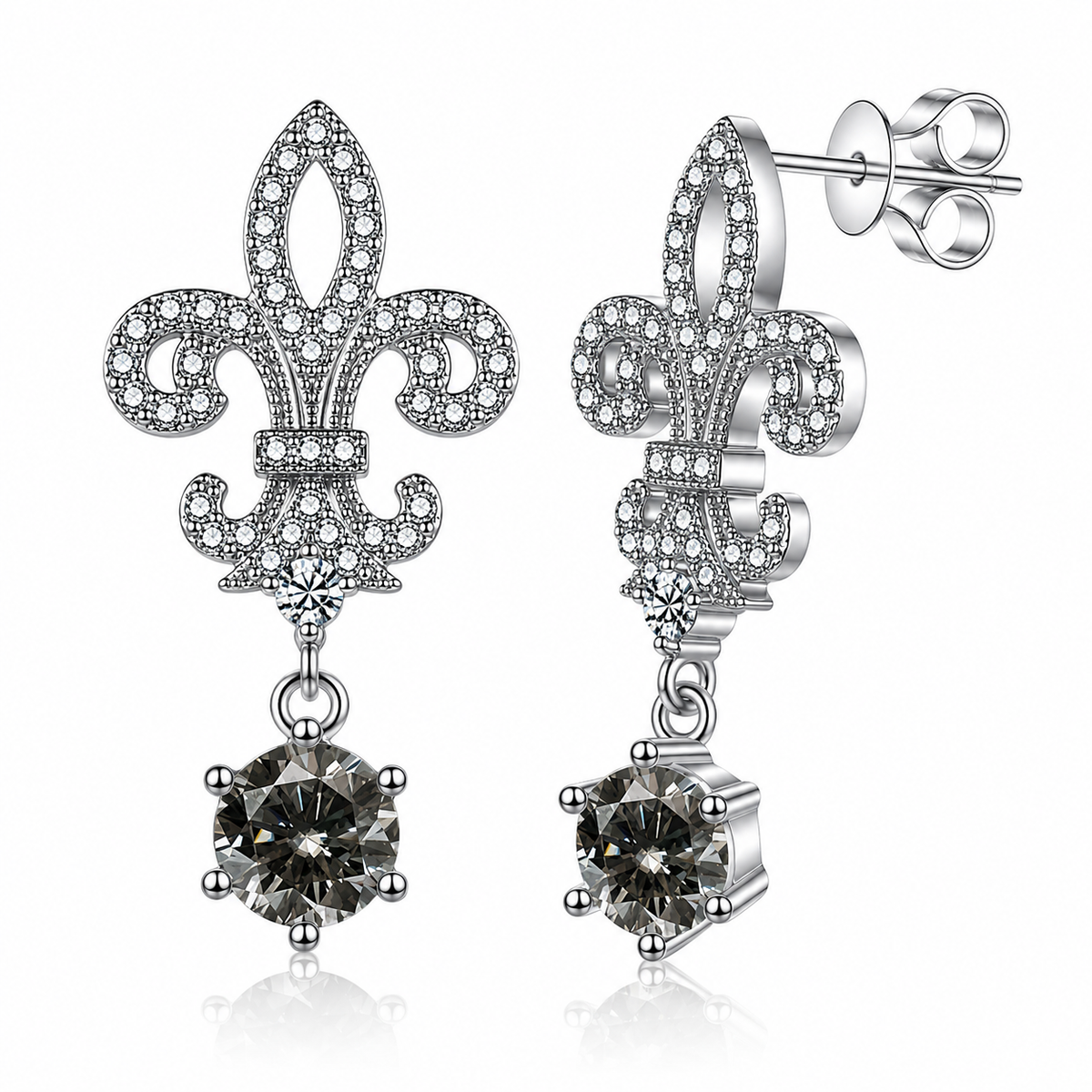 Fleur de Lis Moissanite Drop Earrings – 2.0ct Round Brilliant Dangle Earrings