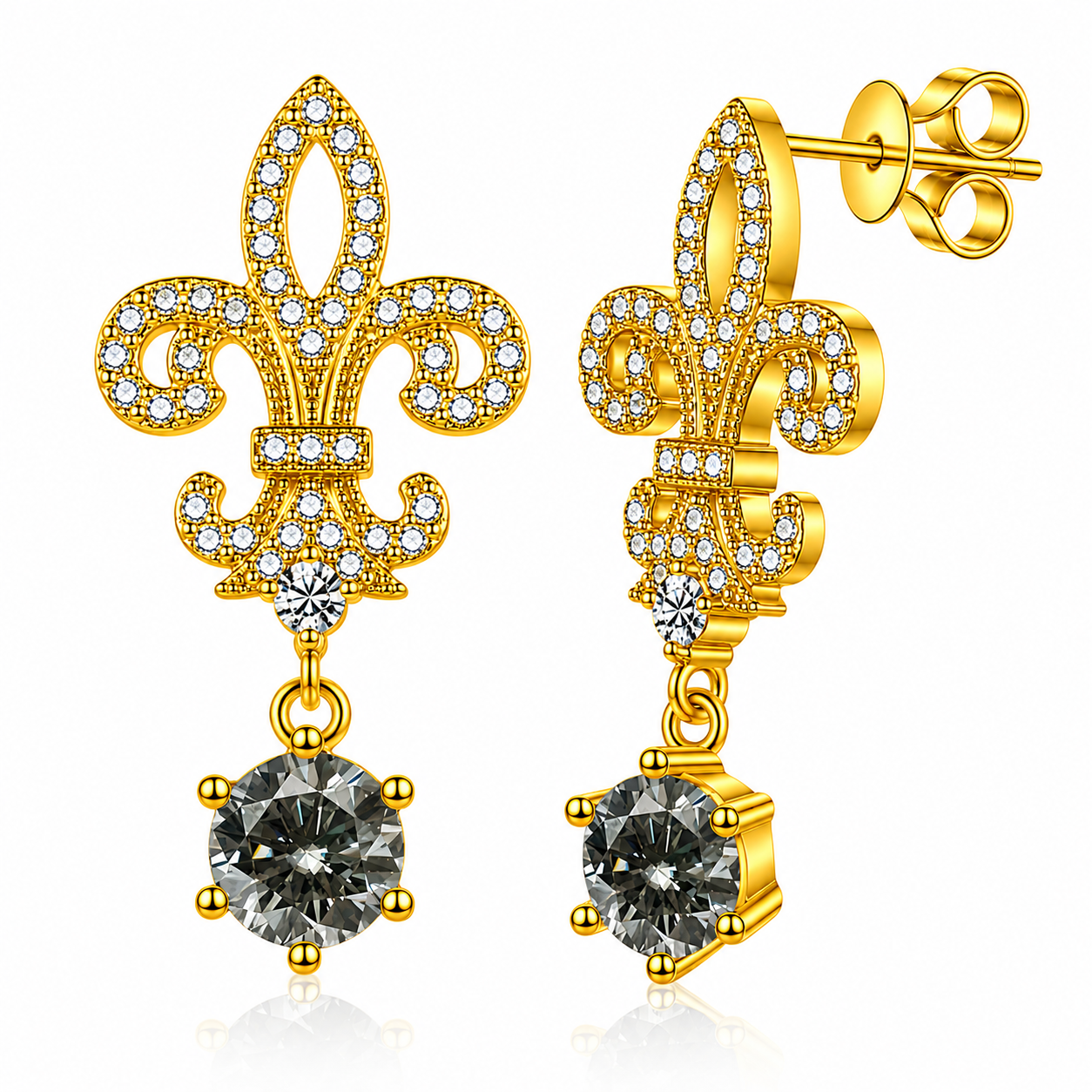 Fleur de Lis Moissanite Drop Earrings – 2.0ct Round Brilliant Dangle Earrings