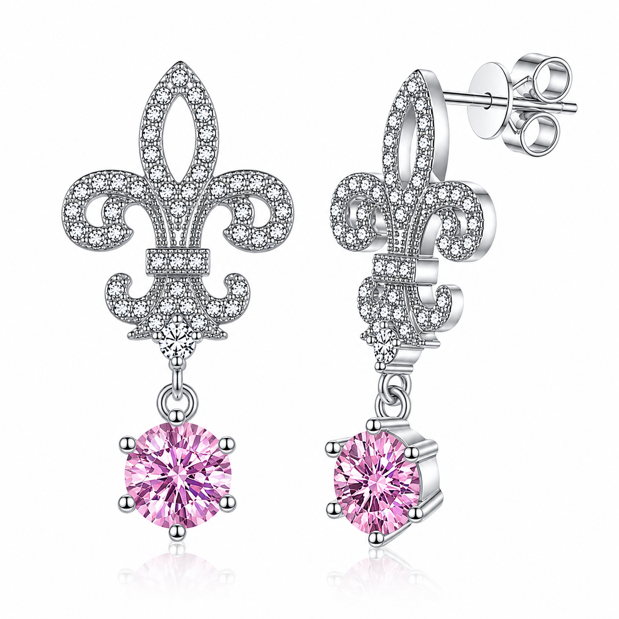 Fleur de Lis Moissanite Drop Earrings – 2.0ct Round Brilliant Dangle Earrings