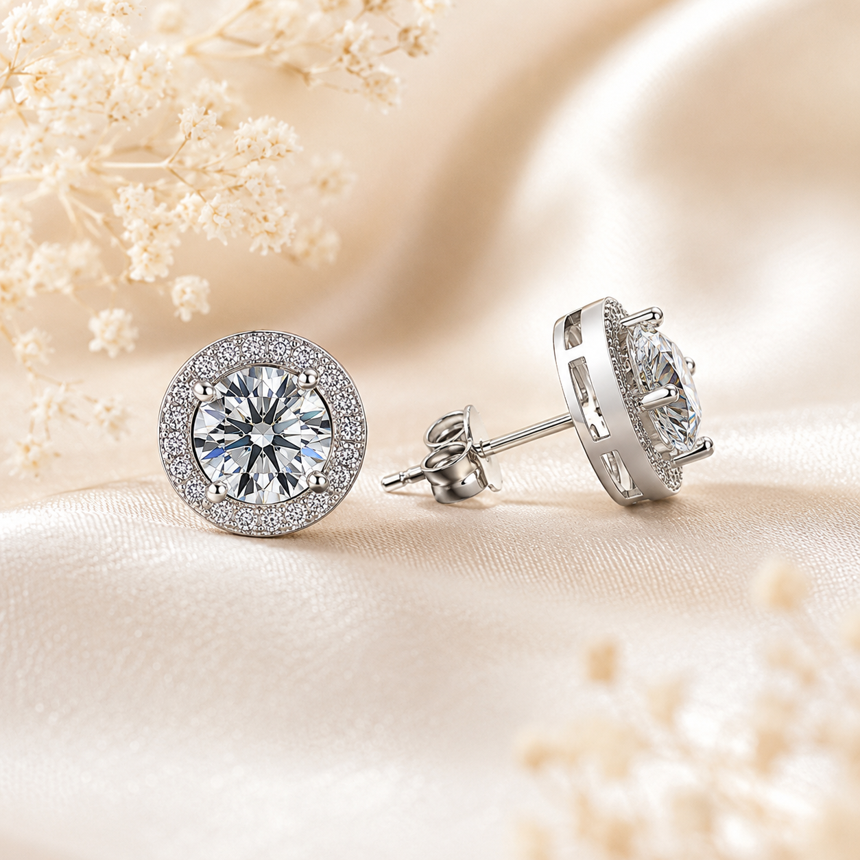 Round Brilliant Cut Moissanite Halo Stud Earrings