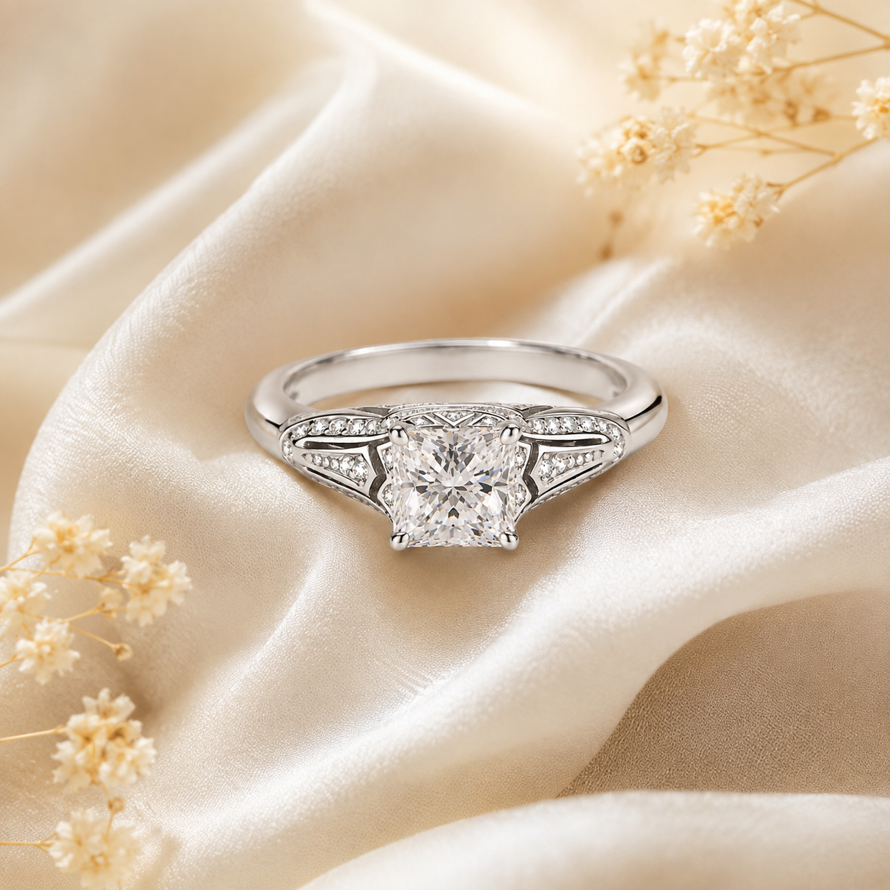 Vintage Princess Cut Moissanite Filigree Engagement Ring