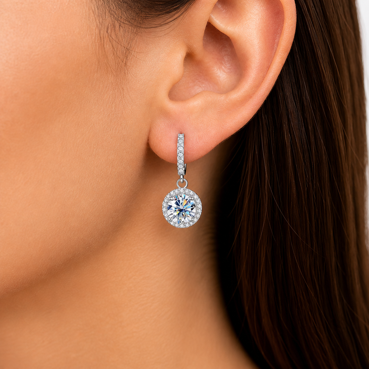 Halo Moissanite Hoop Drop Earrings