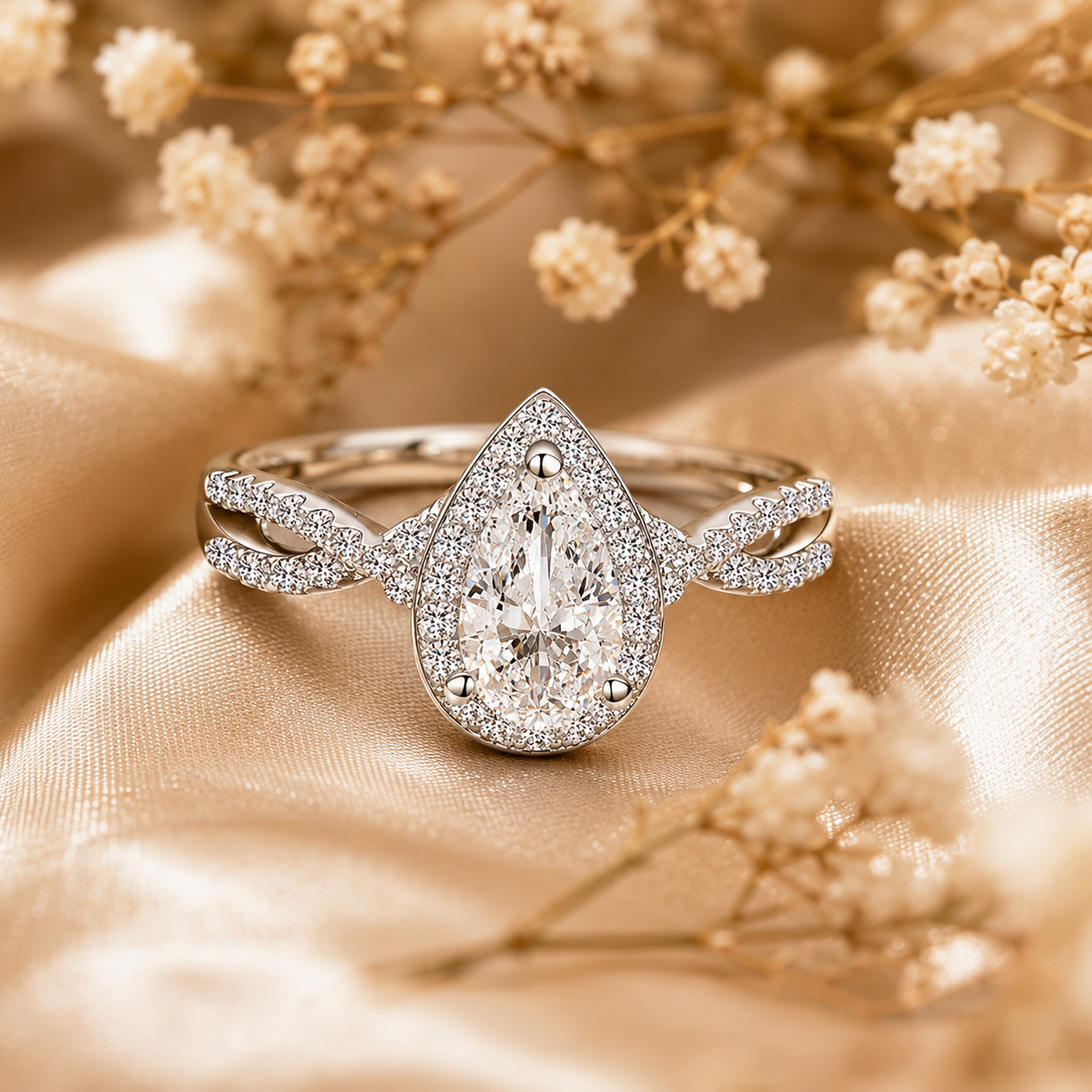 Pear Halo Moissanite Engagement Ring