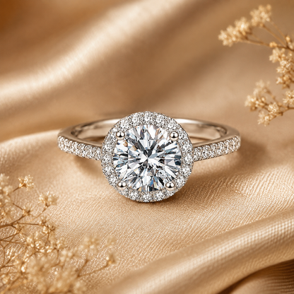 Round Brilliant Cut Moissanite Pavé Halo Engagement Ring