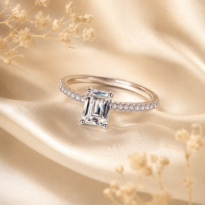 Emerald Cut Moissanite Pavé Solitaire Engagement Ring