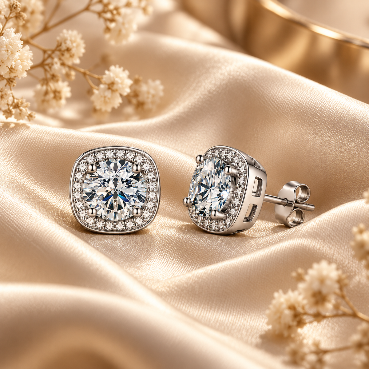 Halo Moissanite Stud Earrings – 925 Sterling Silver & Gold