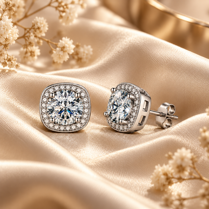 Halo Moissanite Stud Earrings – 925 Sterling Silver & Gold