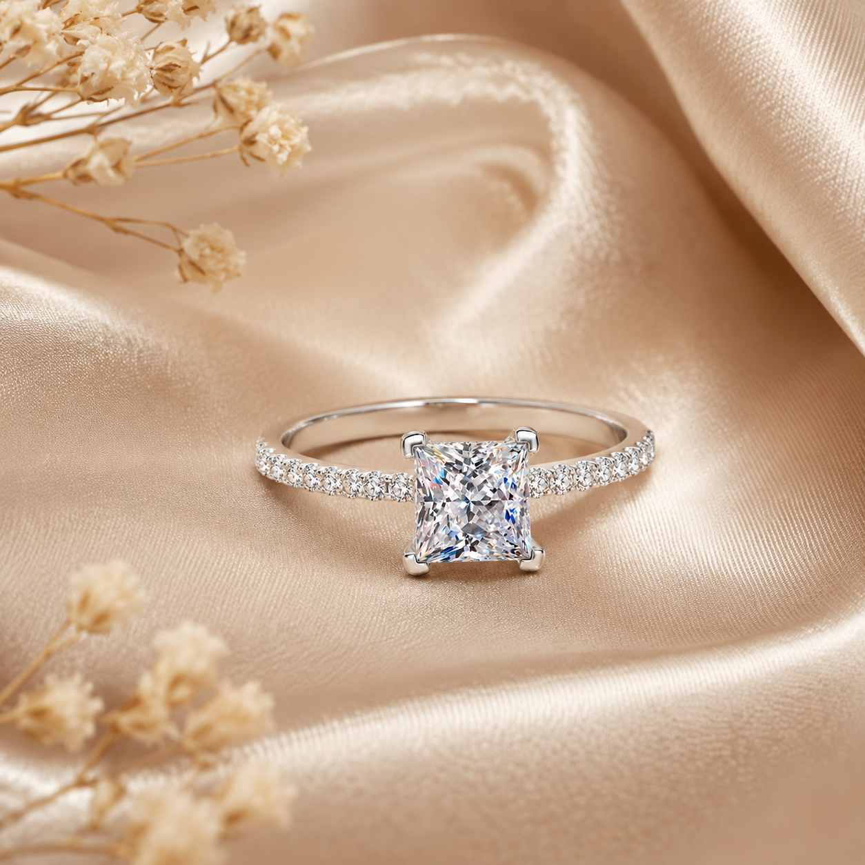 Princess Cut Moissanite Pavé Engagement Ring