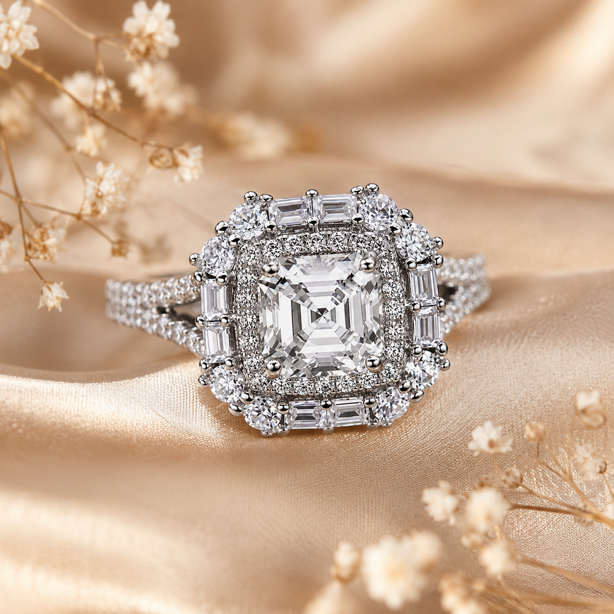 Asscher Halo Moissanite Engagement Ring