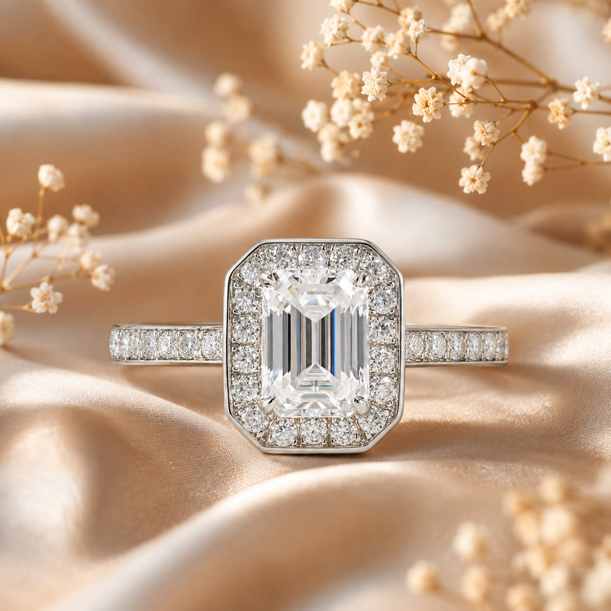 Elegant Emerald Halo Moissanite Engagement Ring