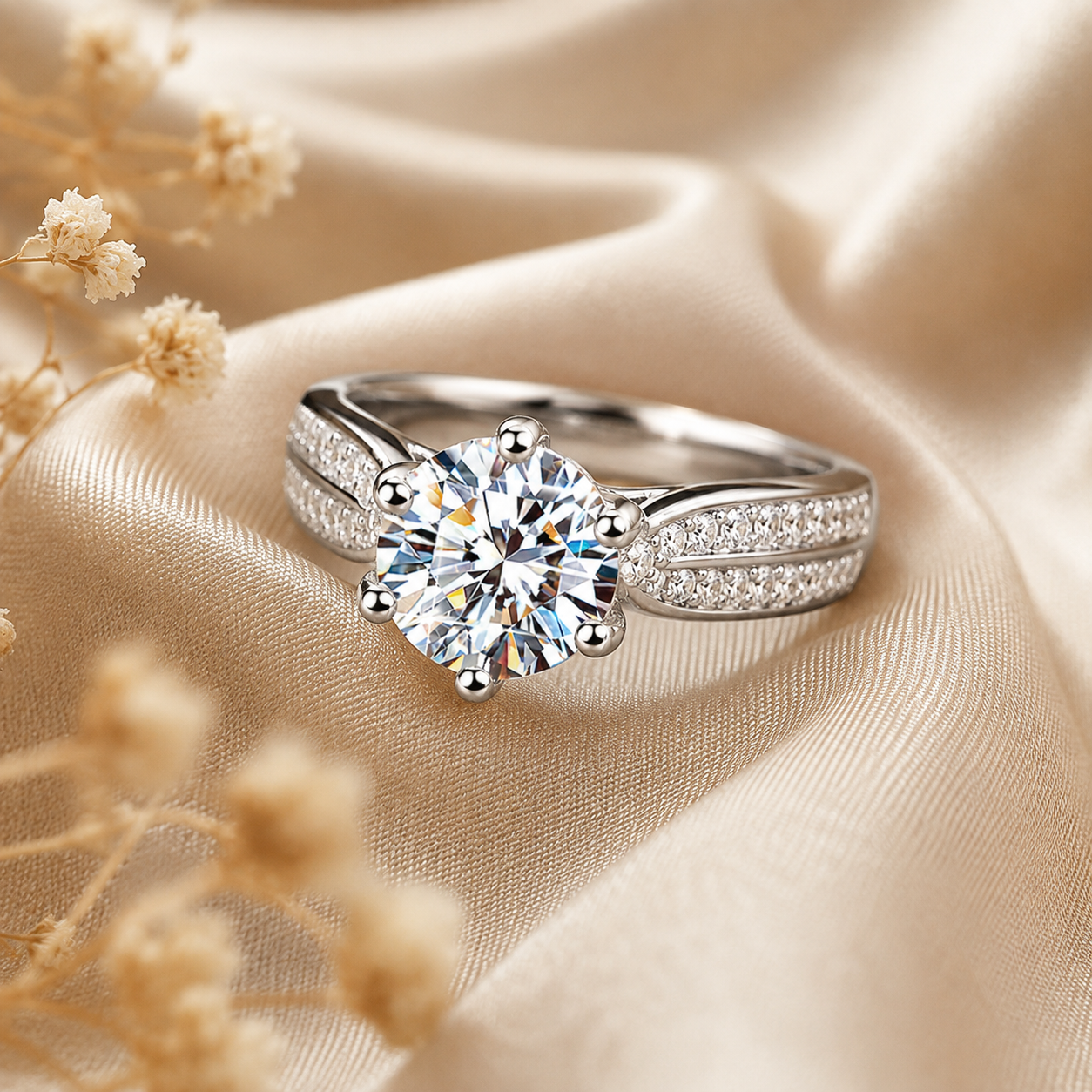 Round Brilliant Moissanite Double-Row Pavé Engagement Ring