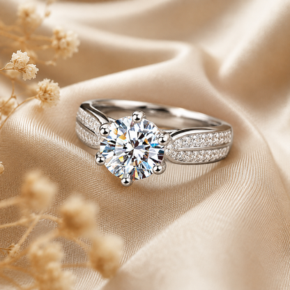 Round Brilliant Moissanite Double-Row Pavé Engagement Ring