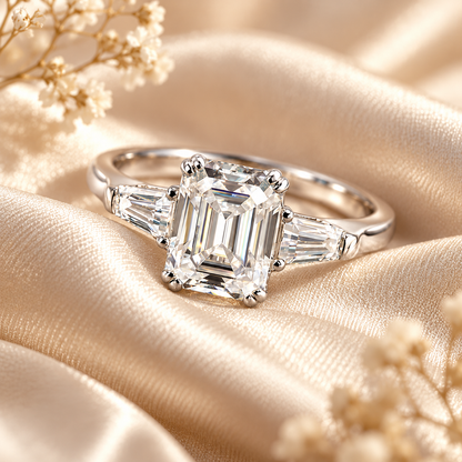 Emerald Cut & Tapered Baguette Moissanite Trilogy Engagement Ring