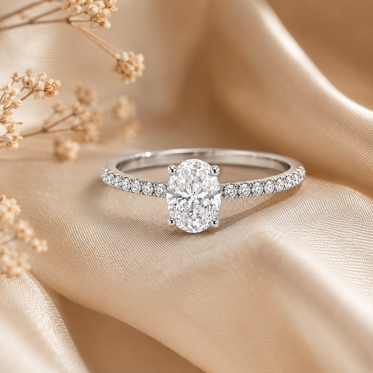 Oval Cut Moissanite Pavé Solitaire Engagement Ring
