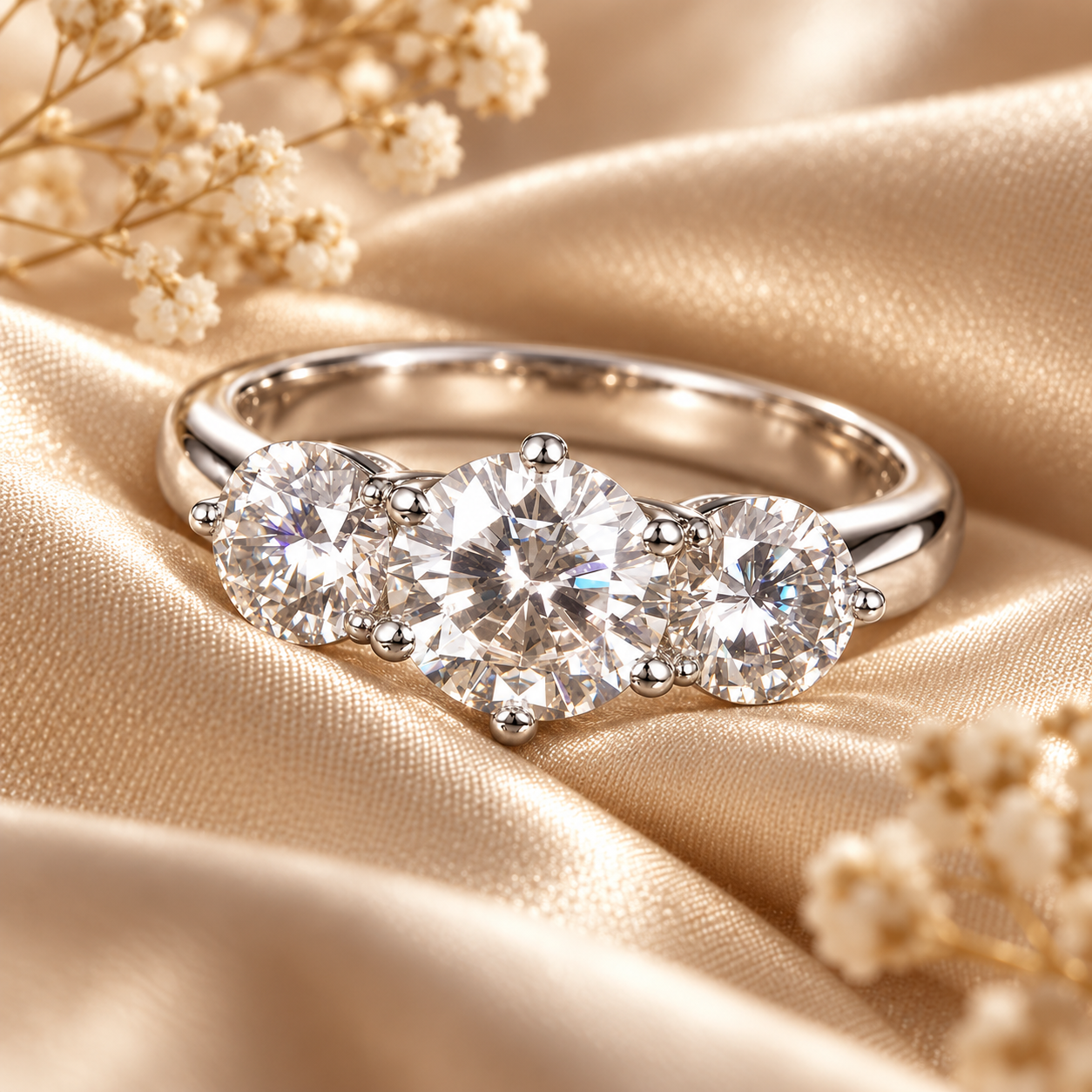 3ct Round Brilliant Moissanite Trilogy Engagement Ring