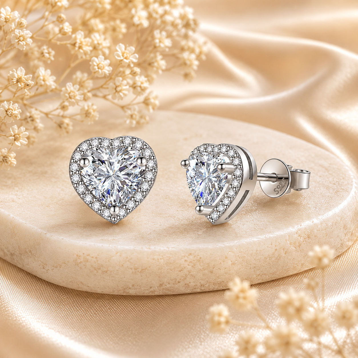 Heart Halo Moissanite Stud Earrings