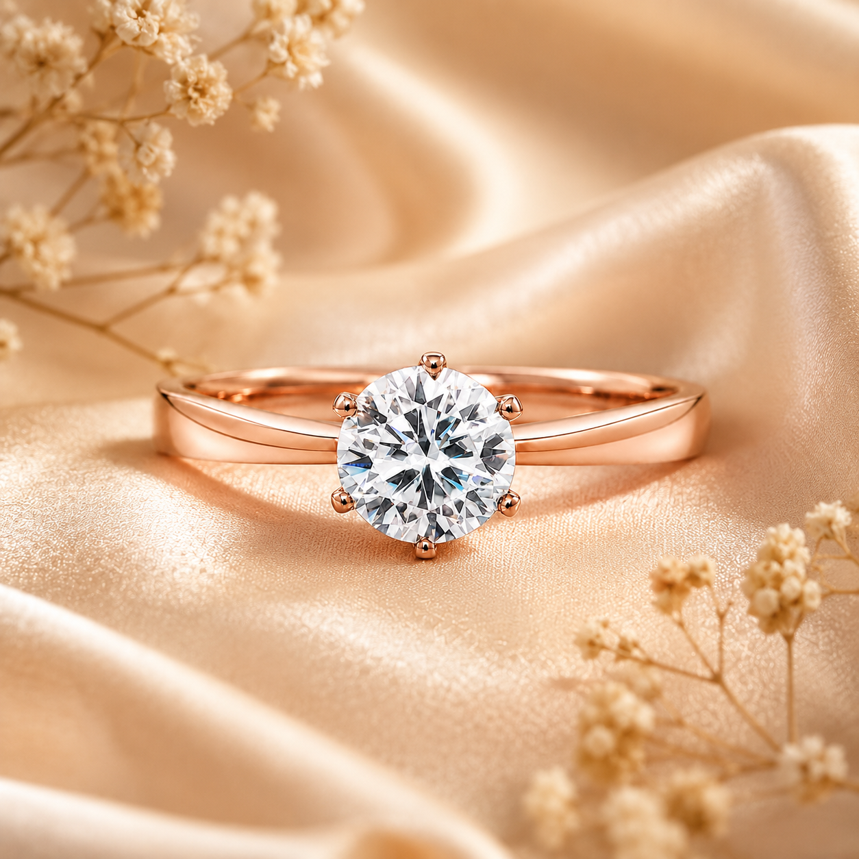 Round Brilliant Moissanite Solitaire Engagement Ring in Rose Gold