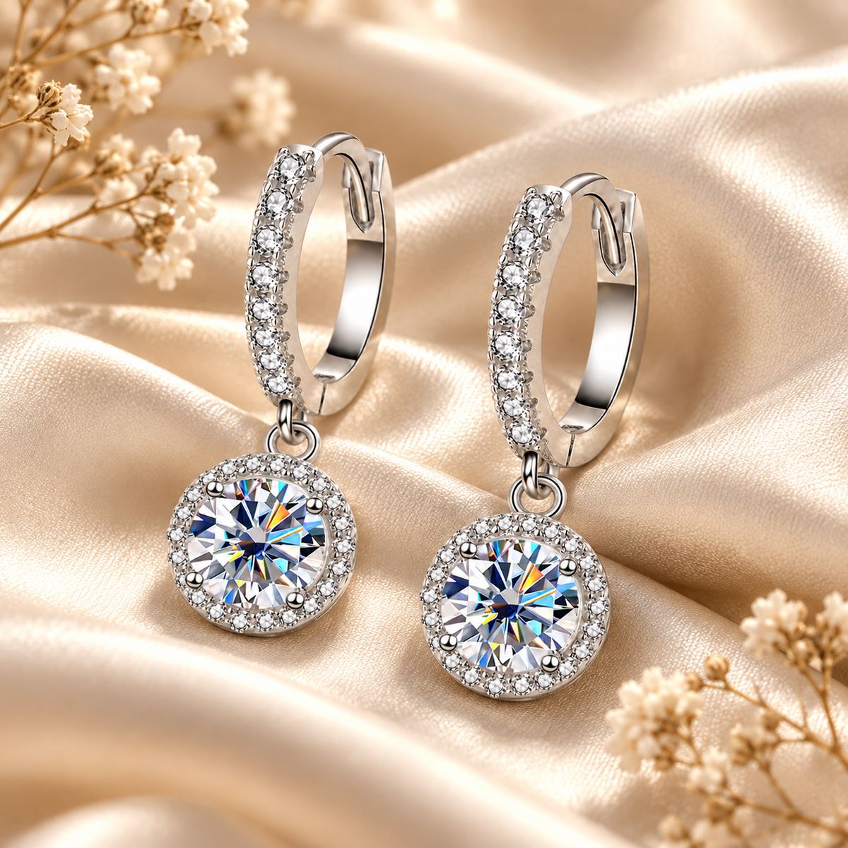 Halo Moissanite Hoop Drop Earrings