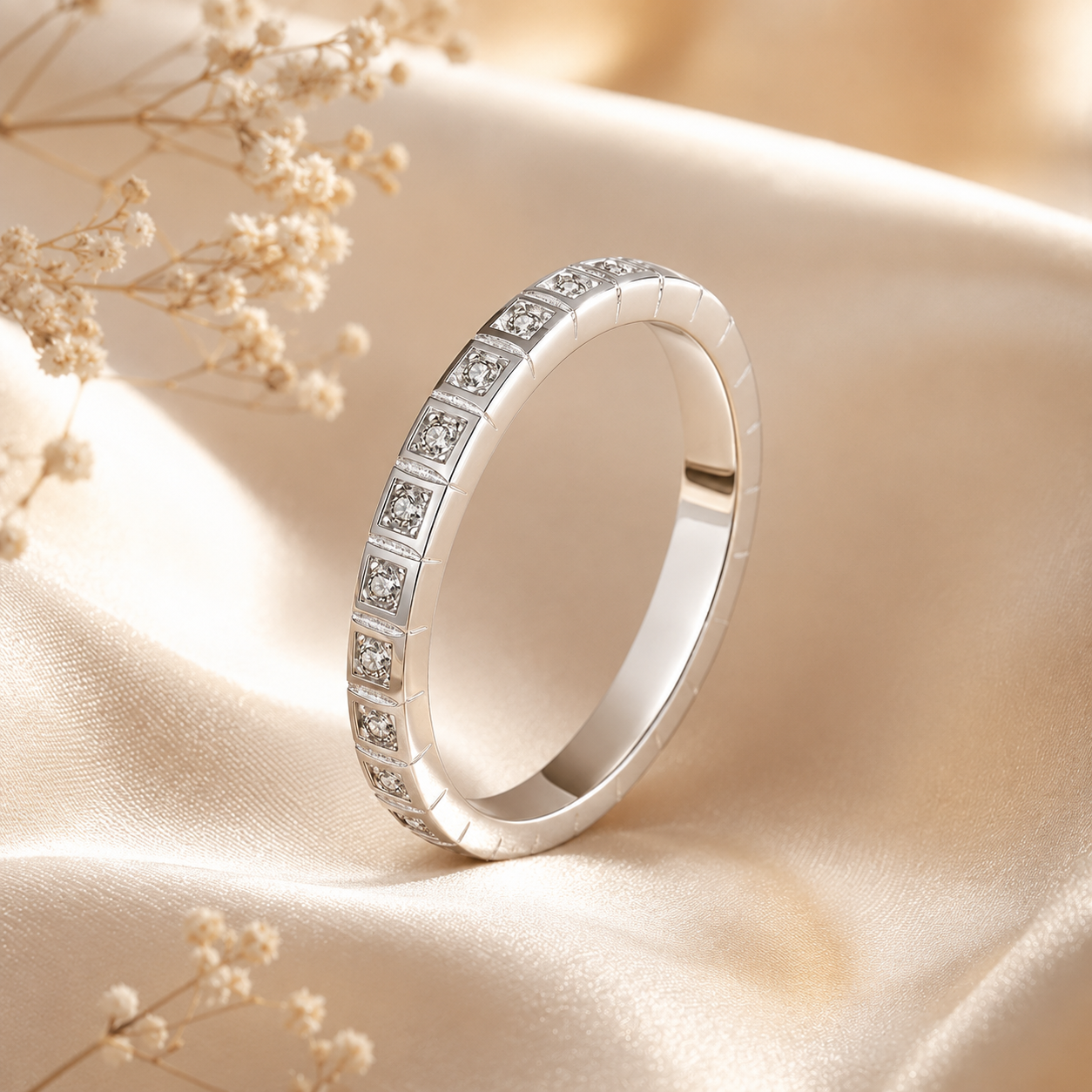 Round Brilliant Cut Moissanite Square Channel Half-Eternity Wedding Band
