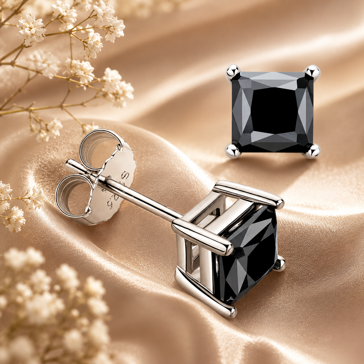 Princess Cut Black Moissanite Stud Earrings
