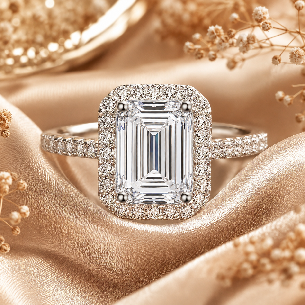 Emerald Halo Moissanite Engagement Ring