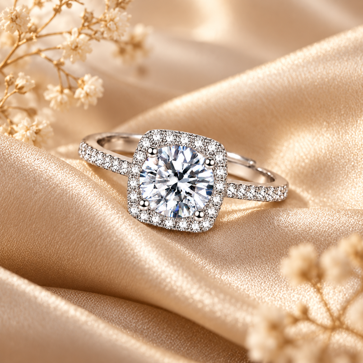 1ct Round Brilliant Moissanite Square Halo Adjustable Ring