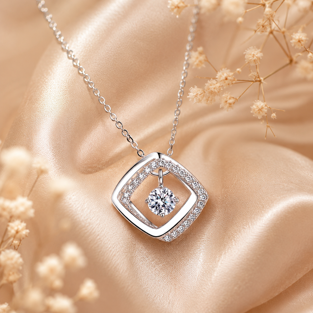 Floating Diamond Shape Moissanite Pendant Necklace