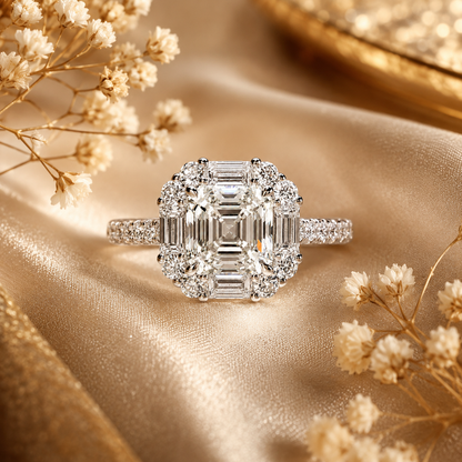 Vintage Asscher Halo Moissanite Engagement Ring