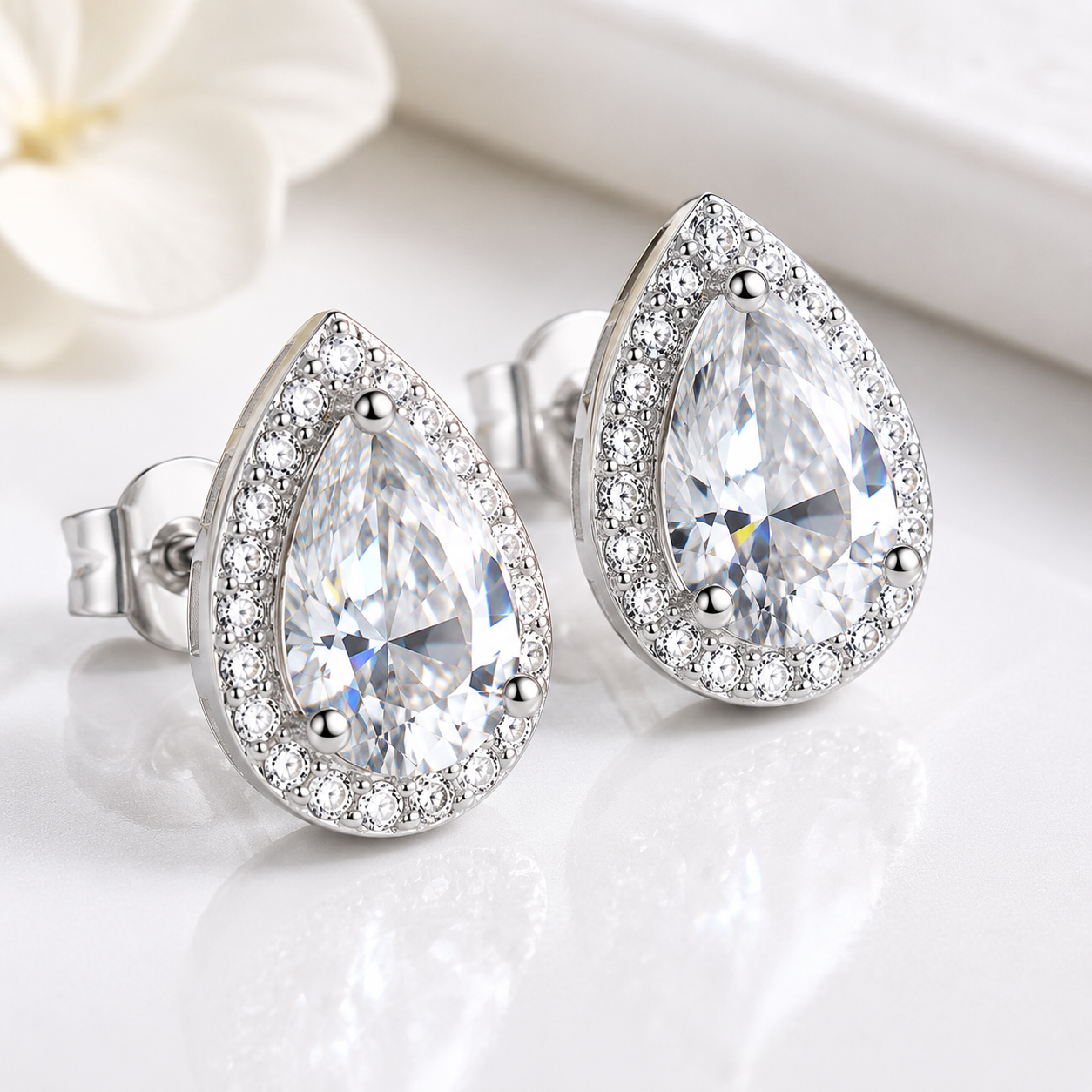 Pear Cut Moissanite Halo Stud Earrings