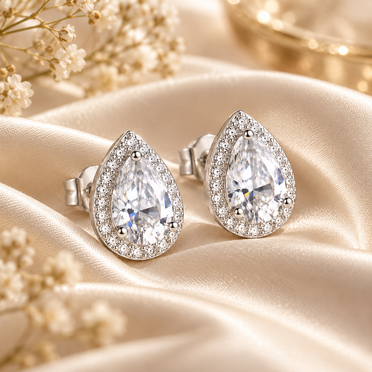 Pear Cut Moissanite Halo Stud Earrings