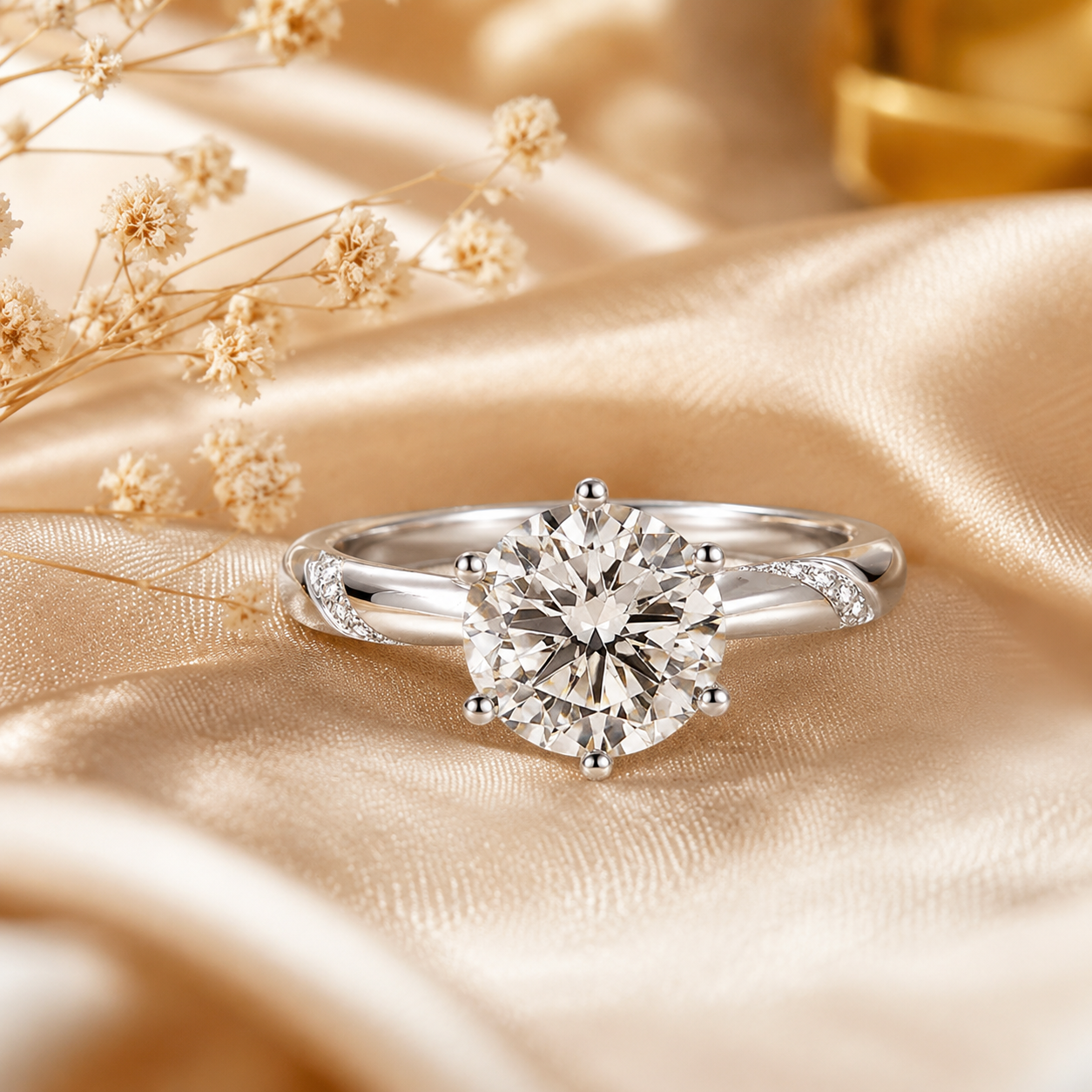 Round Brilliant Moissanite Sweeping Accent Solitaire Engagement Ring