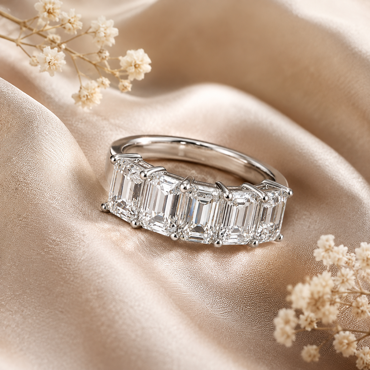 2.5ct Emerald Cut Moissanite Half-Eternity Wedding Band