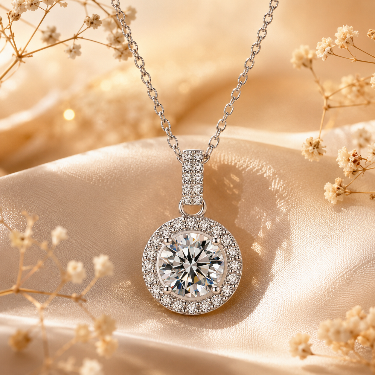 Round Halo Moissanite Pendant Necklace