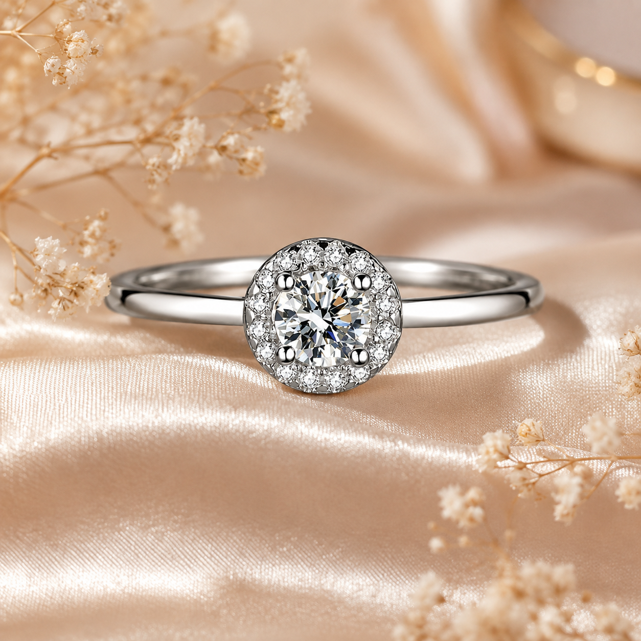 Petite Round Brilliant Cut Moissanite Halo Ring