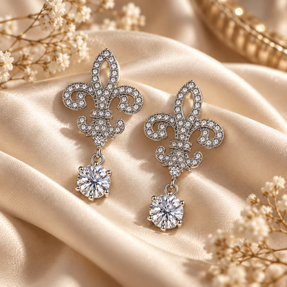 Fleur de Lis Moissanite Drop Earrings – 2.0ct Round Brilliant Dangle Earrings