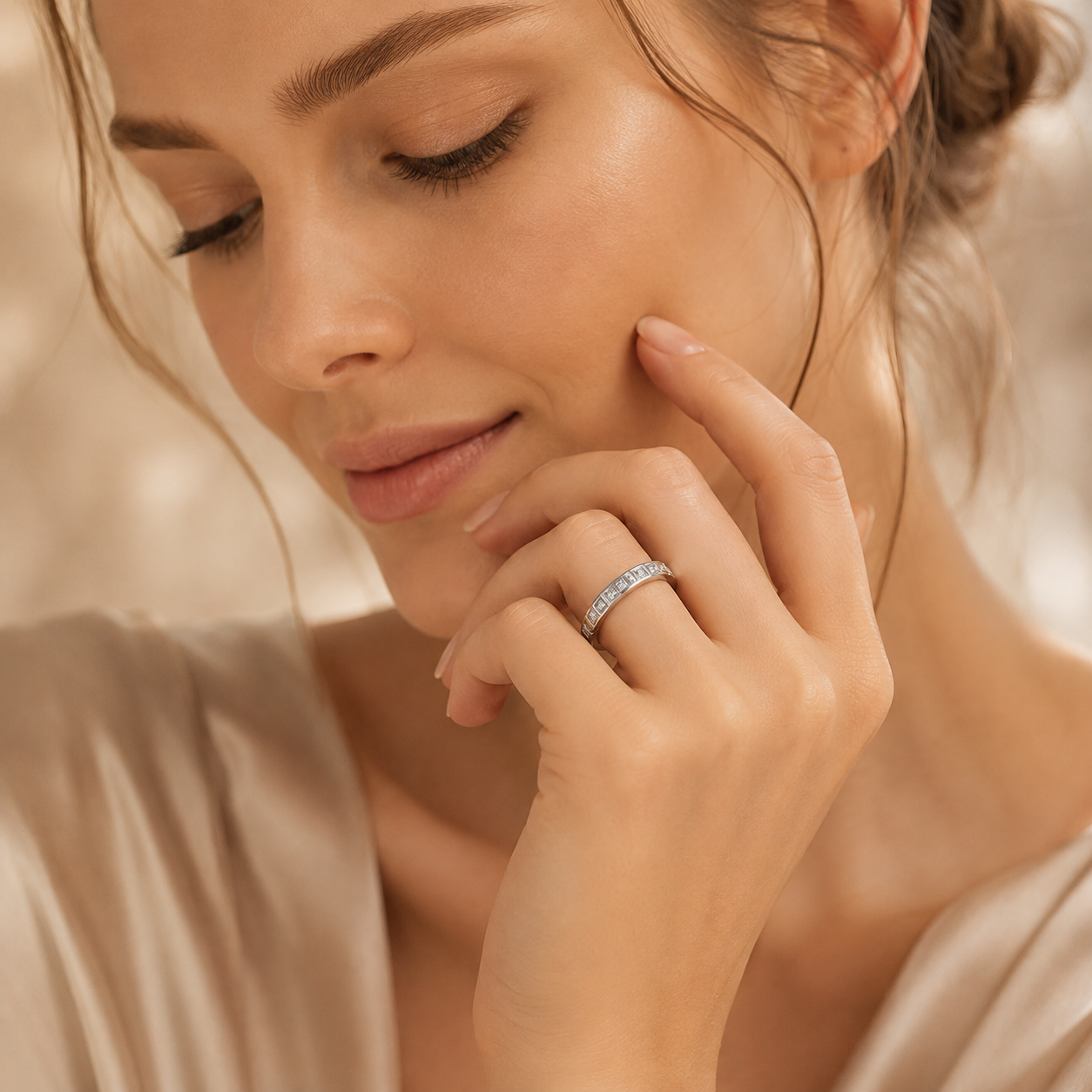 Round Brilliant Cut Moissanite Square Channel Half-Eternity Wedding Band