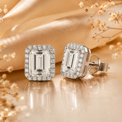 Emerald Cut Halo Moissanite Stud Earrings