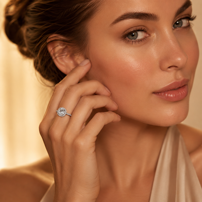 Round Brilliant Cut Moissanite Pavé Halo Engagement Ring