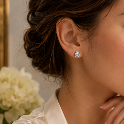 Pear Cut Moissanite Halo Stud Earrings