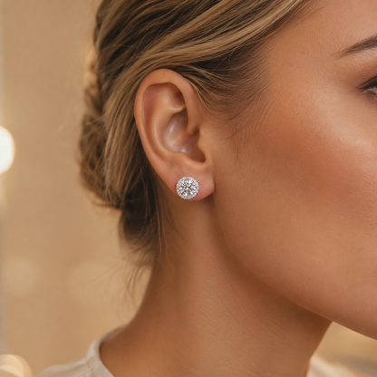 Round Brilliant Cut Moissanite Halo Stud Earrings