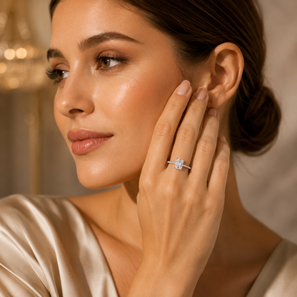 Emerald Cut Moissanite Pavé Solitaire Engagement Ring
