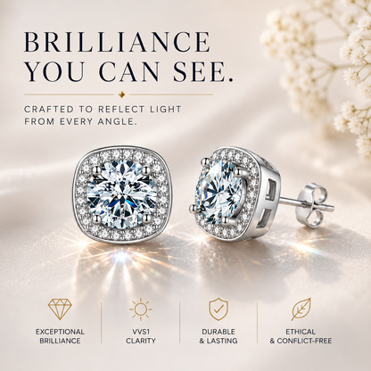Halo Moissanite Stud Earrings – 925 Sterling Silver & Gold