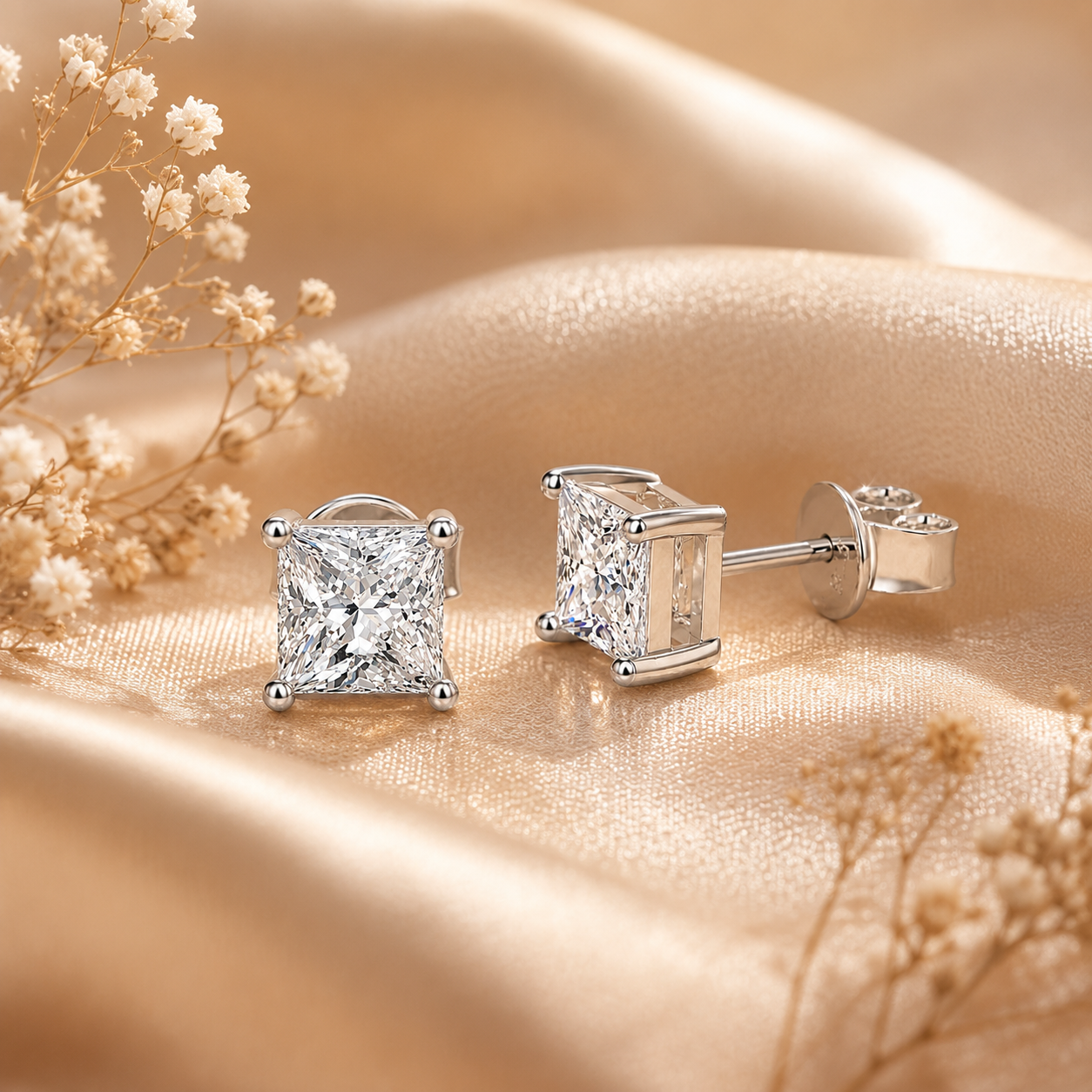 Princess Cut Moissanite Solitaire Stud Earrings