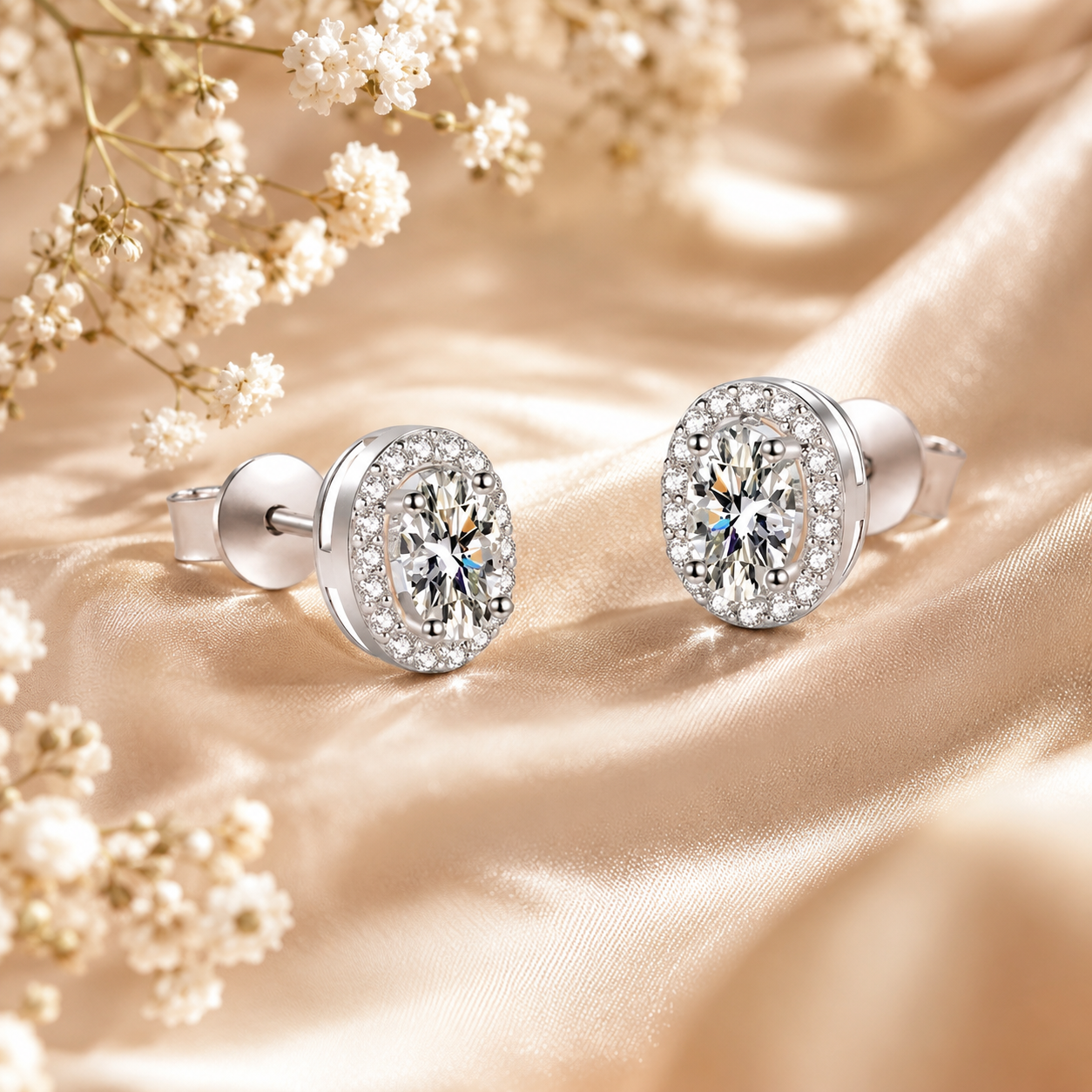 Oval Halo Moissanite Stud Earrings