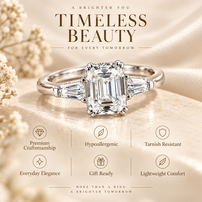 Emerald Cut & Tapered Baguette Moissanite Trilogy Engagement Ring