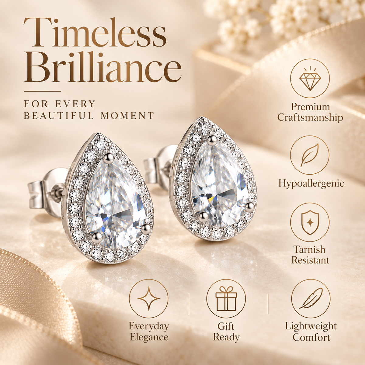 Pear Cut Moissanite Halo Stud Earrings
